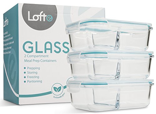 Glass Meal Prep Containers, Set of 3 - Meal Portion Control Container by Lofte - BPA-Free, Food Safe Lunch Organizers with Dividers for Packed Lunches or Saving Leftovers - Storage for Foods with Lids
