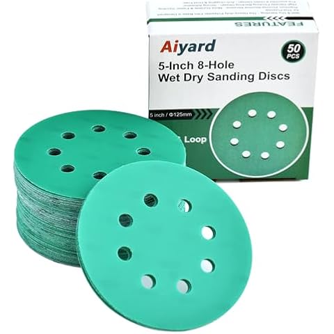 Aiyard 5-Inch 8-Hole Wet Dry Sanding Discs 1000 Grit, Polyester Film Backed Heavy-Duty Hook and Loop Sandpaper for Random Orbital Sander, 50-Pack Cover
