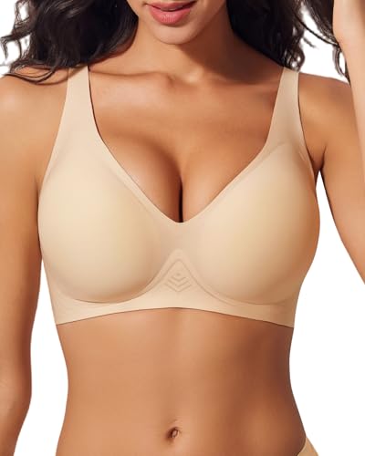 LIIJOO Push Up Bras for Women Wireless Deep V Sports Bra Seamless Comfort Bralette No Underwire Supportive Sexy Lift Everyday Workout Bra(Natural Nude, S Size)