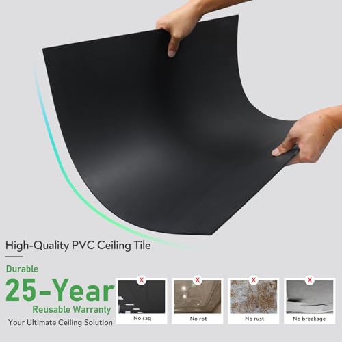 Image of STICKGOO Black Drop Ceiling Tiles 2ft x 2ft, Waterproof PVC Ceiling Panels, Fire Resistant and Washable Smooth Ceilings Decor Coverings 24 x 24in - 12 Pack Cover 48 Sq. Ft