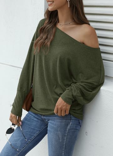 Image of Aifer Women's Off The Shoulder Tops Sexy Long Sleeve Shirts Oversized Fashion Casual Batwing Sweaters Pullover Tunic Tops
