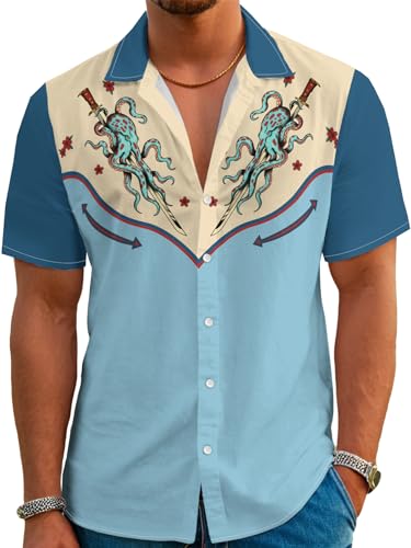 Men's Octopus Dagger Tattoo Western Shirt - Funny Hawaiian Button Down Short Sleeve Cowboy Animal Print Casual Shirts