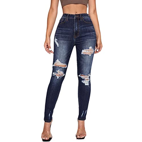 Aititia Women's High Rise Ripped Stretch Skinny Jeans(16, 0812 Blue) #TOP28