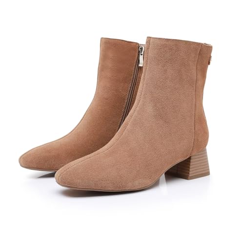 Boots for Women Chunky Heel Ankle Boots Cow Leather Suede Pointed Toe Side Zipper Short Boots Water Resistant Fashion Leather Boots2