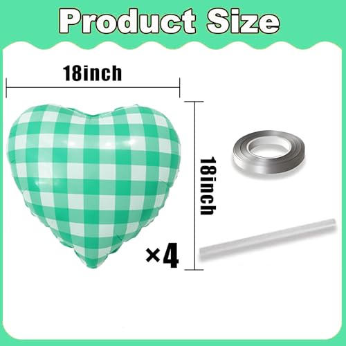 Image of 4pcs 18 inch Green Heart Checked Balloons Striped Plaid Heart Foil Balloons for Spring Party Decorations Picnic Party Decor Love Theme Birthday Party Wedding Baby Shower Versatile Party Decor