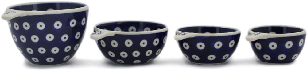 Polmedia Polish Pottery Set of 4 Measuring Cups - Peacock Eyes Pattern Handmade in Boleslawiec Poland + Certificate of Authenticity