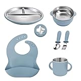Baby Esslern Set aus Silikon und Edelstahl 304 | BPA-frei | Teller, Schüssel, Becher mit Griffen,...