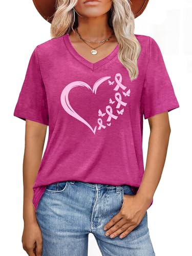 LAZYCHILD Breast Cancer Shirt Women Breast Cancer Awareness Pink Ribbon T-Shirt Cancer Survivor V-Neck Tops4