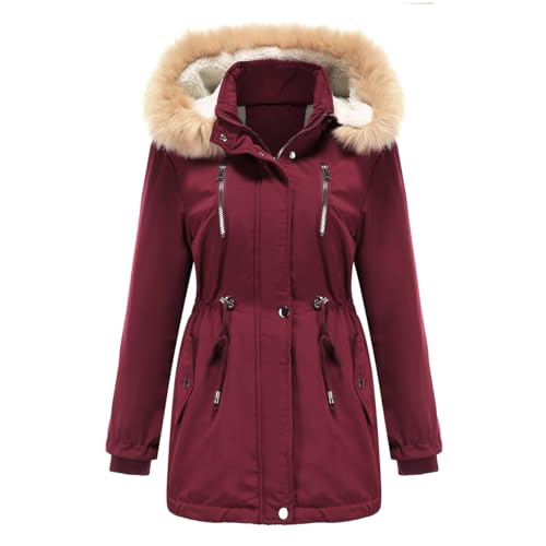 YFFUSHI Wintermantel Damen Warm Dicker Winterparka mit Fellkapuze Fell Kapuze Outdoor Jacke Mantel Oversized für Winter,Rot,3XL YFFUSHI Wintermantel Damen Warm Dicker Winterparka mit Fellkapuze Fell Kapuze Outdoor Jacke Mantel Oversized für Winter,Rot,3XL
