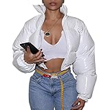 Uaneo Women's Cropped Puffer Jacket Winter Shiny Zip Up Short Bubble Puffy Coats(White-XS)