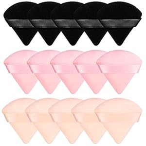 Pimoys 15 Pieces Powder Puff Face Soft Triangle Makeup Velour Puff, Beauty Sponge for Loose Powder and Cosmetic Foundation, Blender Makeup Tool (Black, Pink, Flesh)