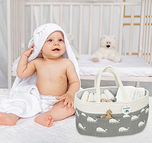 ilauke Baby Diaper Caddy Organizer, Nursery Storage Bin Basket, Changing Table Organizer Whale Design, Includes Muslin Burp Cloth