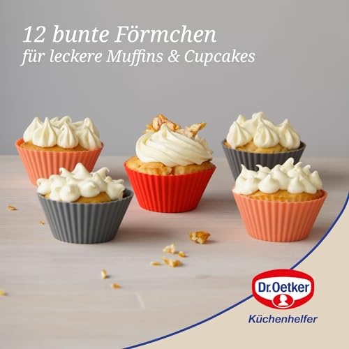 Foto von Dr. Oetker Silikon-Muffinförmchen, Silikonformen für Muffins und Cupcakes, Förmchen aus hochwertigem Platinsilikon mit Antihaft-Eigenschaften (Farbe: lila, grün, blau) - spülmaschinengeeignet, Menge: 1 x 12er Set