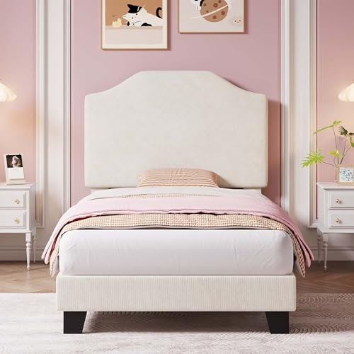 Twin Size Velvet Bed Frame, Corduroy Upholstered Twin Bed Frames Platform with Adjustable Headboard, Cute Velvet Twin Bed, Strong Wooden Slats, No Box