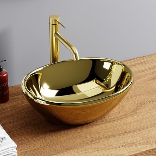 DILECI – Lavabo ovale con finitura oro lucido, 41,5 x 33,5 x 14,5 cm – Lavabo da appoggio Glamour ed elegante – Effetto specchio sorprendente – Ideale per bagno contemporaneo o minimalista