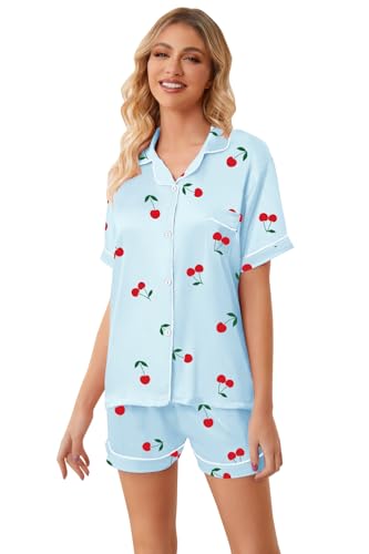 Image of Umeyda Women & Girls Pajamas Set, Soft Satin Lightweight Silk Button-Down Top with Shorts 2 Piece PJS for Mom Boys Kids Gifts