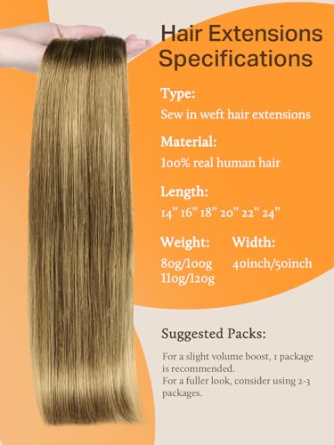 Image of DOORES Sew In Hair Extensions Real Human Hair, 22 Inch 110g Medium Brown Highlighted Dirty Blonde, Weft Hair Extensions, Real Human Hair for Women