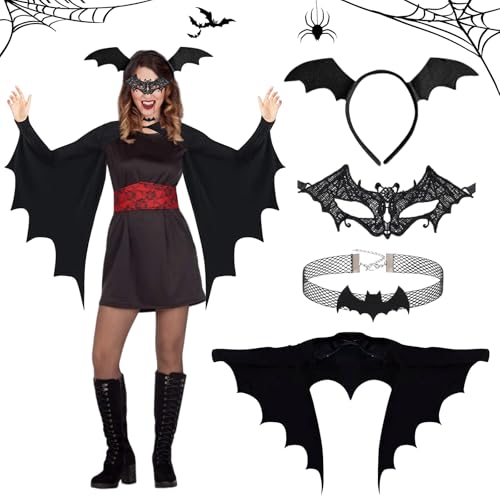 Fledermaus Kostüm Damen, Halloween Kostüm Damen, Schwarz Fledermaus Umhang, Fledermausflügel Erwachsene mit Maske, Fledermaus Haarreif, Halskette, Erwachsene Vampire Kostüm für Karneval Cosplay