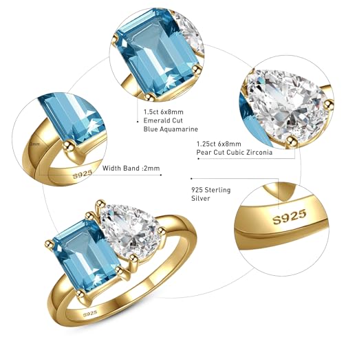 Toi Et Moi 925 Sterling Silver Women Engagement Ring 14K Gold Plated 1.5ct 6x8mm Double Stone Emerald & Pear Aquamarine Cut Wedding Band Width 2mm Size 5-93