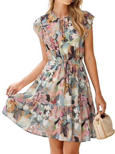 Image of Simplee Womens Summer Dress 2026 Ruffle Short Sleeve Floral Boho Dress V Neck A-line Drawstring Mini Dress with Pockets