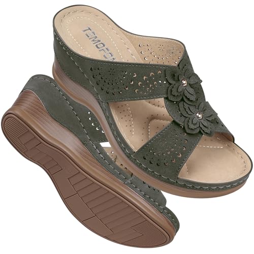 Image of TEMOFON Womens Wedge Sandals Leather: Comfortable Walking Shoes Summer | Fit Wide Foot - Cute Style - Wear True Size 5-11