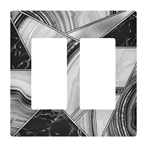 Silver White Lines Marble Granite Agate Black Grey Paint Triangle Tile 2 Double Gangs Rocker Print Toggle Wall Plate, Switch Plate Cover for Living Room Bedroom Bathroom Office and School