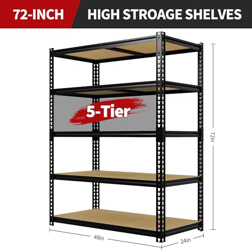 Image of GarveeTech Garage Storage Shelves 5 Tiers, 3000 Lb Capacity Heavy Duty Metal Shelving Unit, 48 inch L x 24 inch W x 72 inch H Adjustable Storage Rack for Kitchen, Pantry, Basement, Bathroom & Laundry