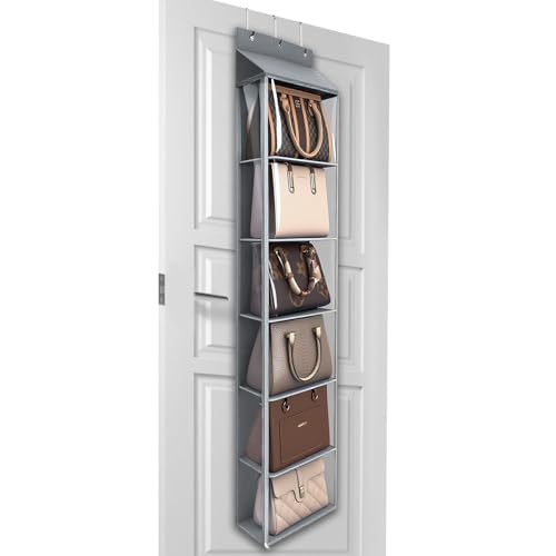 Lirex Organizador de Bolsos para Colgar en la Puerta, Organizador de Carteras con 6 Bolsillos y Cremallera, para Bufandas, Sombreros y Leggins, 30 x 12.8 x 131 cm, Gris