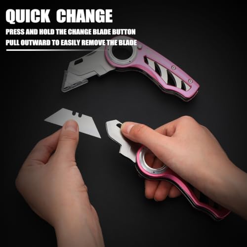 Image of Tondiamo 2 Pcs Folding Pocket Utility Knife Heavy Duty Box Cutter Folding Razor Knife with Anti Slip Finger Loop Easy Change Blades 3 Lock Positions Design (Pink)