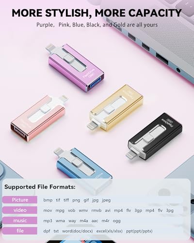 Image of MFi Certified Flash Drive for iPhone iPad 256GB, Photo Stick for External Memory Storage, Easily Back Up and Save Photos Videos, USB Memory Stick Thumb Drive for iPhone /iPad /Android /PC (Purple)
