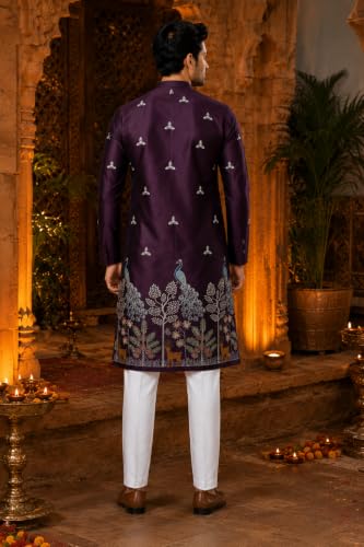 Generic Men’s Wine Satin Embroidered Straight Kurta, Large - Image 6