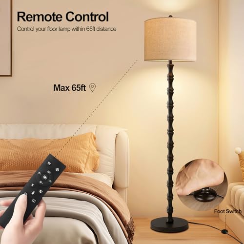 Image of Wood Floor Lamps for Living Room Rattan Floor Lamp with Remote Control& 3 Color Temperature,Dimmable Rustic Floor Lamp Black Mid Century Modern Standing Lamp Tall Farmhouse Floor Lamp For Bedroom
