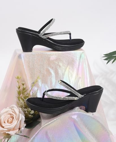 Image of TRYME Gorgeous Wedge Slip On Sandal Embellished Rhinestones Strap Platform Party Heels For Womens & Girls