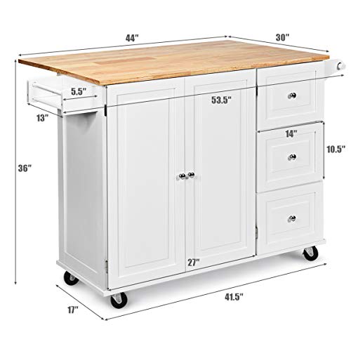 Giantex Kitchen Island Cart with Drop-Leaf Tabletop, Large Trolley Cart with Large Cabinet, 3 Drawers, Spice Rack, Towel Rack, Kitchen and Dining Room Utensils or Tableware Organizer on Wheels (White)