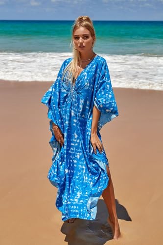 Image of IMAGEKOPE Women's Plus Size Animal Print V-Neck Batwing Kaftan Beach Dress Bathing Suit Cover-Up Loungewear