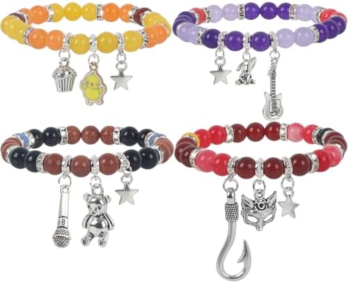 JUNIQUTE FNAF Game Inspired Bracelet for Women - 4PCS Charm Bracelet with Translucent Stone Beads & Metal Prop Charms, Pulseras Para Mujer, Birthday Valentines Gifts
