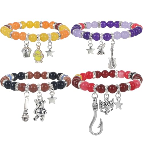 JUNIQUTE FNAF Game Inspired Bracelet for Women - 4PCS Charm Bracelet with Translucent Stone Beads & Metal Prop Charms Pulseras Para Mujer Birthday Valentines Gifts