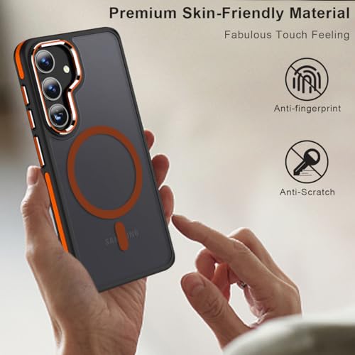 Image of MALEWOLF Magnetic Designed for Samsung Galaxy S24 Case 6.2 inch Compatible with MagSafe, Anti-Slip Edge Military Grade Drop Tested Hard Back Protective Translucent Case for Samsung S24 Case (Black /Orange)