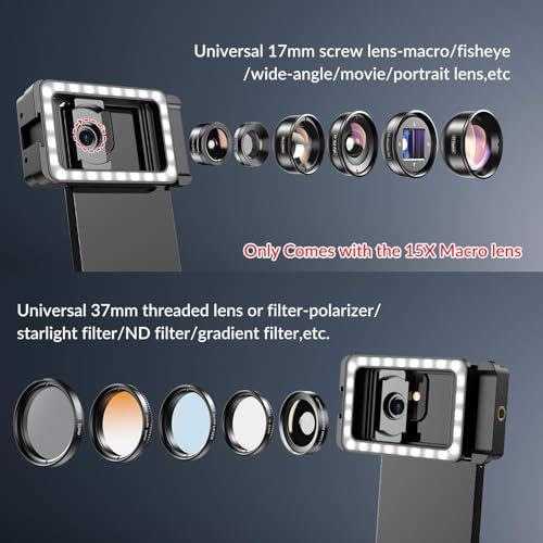 15X Phone Macro Lens with LED Fill Light, 15X Macro Lens + 17mm Thread Lens Adapter for iPhone 15/15Pro/15Pro Max, Samsung, Android Phone (Fits for Almost Phone)