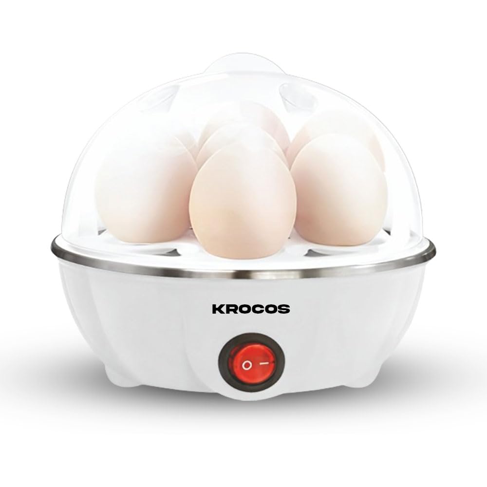 KROCOS Electric Egg Boiler & Poacher |Fast Steaming & Boiling, Cooks Up to 7 Eggs (Soft, Medium, Hard)|Automatic Shut-Off, 1 Year Warranty, Designed in Korea (White) Polypropylene| 414 ml (14 ounces)