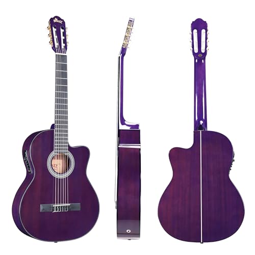 Image of WINZZ AC309CE 39 Inches Cutaway Nylon-string Classical Electric Guitar Build-in Pickup Kit Set Online Lessons, Glossy Purple