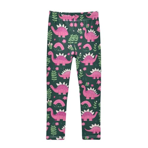 Wusikd Pink Dinosaurs Girls' Leggings Toddler Doodles Flowers Kids Yoga Pants Dance Active Tights 7-8T