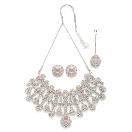 Image of ZENEME Rhodium-Plated American Diamond Studded Tasselled Necklace With Earrings Ring & MaangTikka Jewellery Set For Girls and Women
