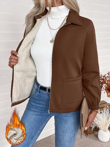 Chic Coffee Brown Womens Fall Winter Jacket with Front Zipper, Long Sleeves, and Cozy Pockets – Perfect for Small Sizes! - Image 2