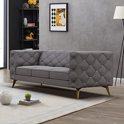 Chesterfield Sofa, 84'' Velvet Upholstered 3 Seater Couch With Square Arms And Tufted Back, Mid-Century Modern Sofa Couch With Metal Buckle Decor And Metal Legs For Living Room, Office, Bedroom #TOP4