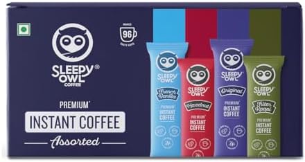 Sleepy Owl Pack Of 96 Assorted Flavour Instant Coffee Powder Sachets, 192G Freeze Dried Coffee Powder 24 Sachet Each-Original, French Vanilla, Filter Kaapi And Hazelnut Flavoured Coffee Powder