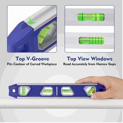 Image of WORKPRO 12 Inch Magnetic Torpedo Level, Blue | Aluminum Frame, 4 Bubbles with Pitch Vial, V-Groove for Conduit, for Plumbers, Electricians, Carpenters & DIYers
