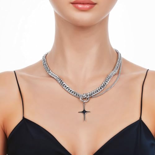 Silver Y2k Irregular Necklace Retro Cross Star Pendant Double Chain Necklace Titanium-Steel Adjustable Hip Hop Grunge Layered Chain Gifts Accessories for Women Men3