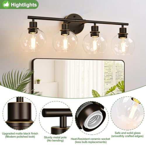 Image of Indoi 4-Light Bathroom Light Fixtures, Oil Rubbed Bronze Bathroom Lights Over Mirror with Clear Glass Globe Shade, Vanity Lights for Bathroom Kitchen Living Room Hallway Cabinet Bedroom Porch