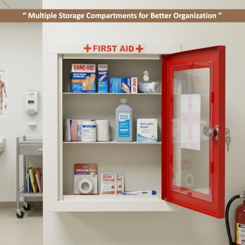Image of First Aid Kit Box for Home Wall Mounted | GI Steel Medicine Storage Cabinet with Lock & Key | Multi Compartment Emergency Medical Box for Office, School, Clinic & Kitchen (Red & White)